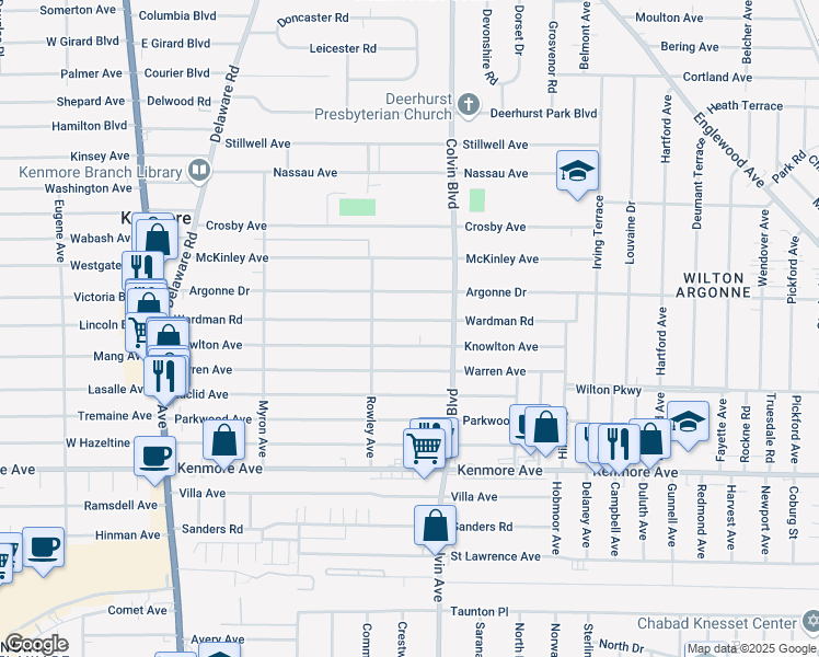 map of restaurants, bars, coffee shops, grocery stores, and more near 272 Wardman Road in Buffalo