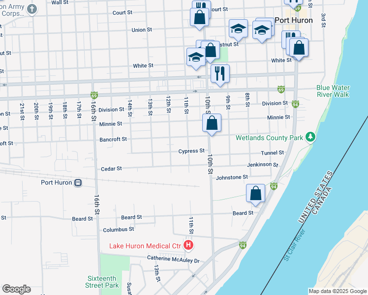 map of restaurants, bars, coffee shops, grocery stores, and more near 2014 11th Street in Port Huron
