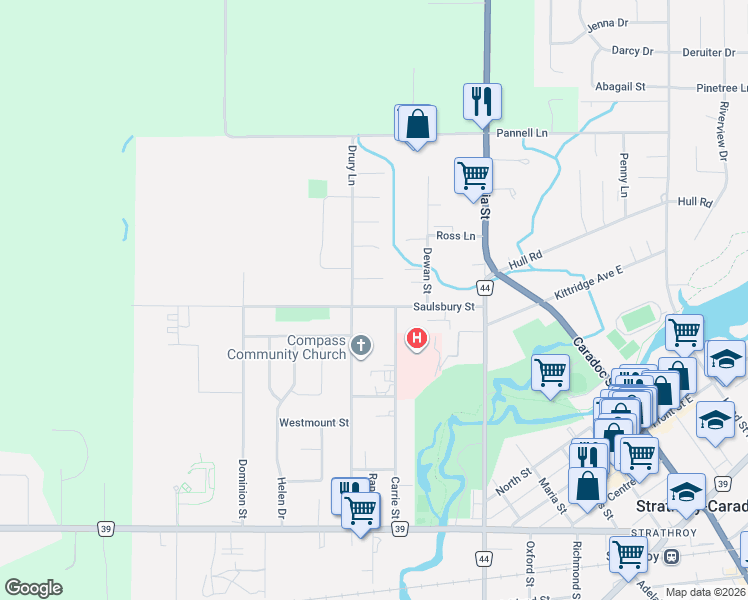 map of restaurants, bars, coffee shops, grocery stores, and more near 363 Saulsbury Street in Strathroy-Caradoc