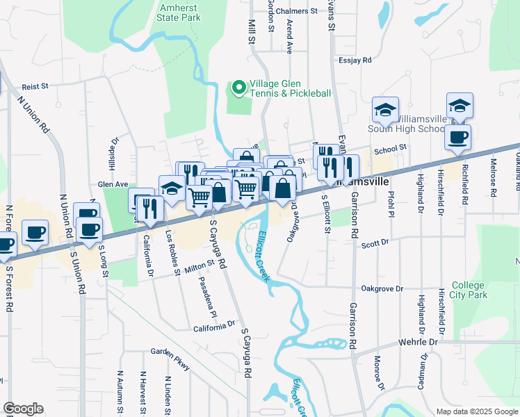 map of restaurants, bars, coffee shops, grocery stores, and more near 5609 Main Street in Williamsville