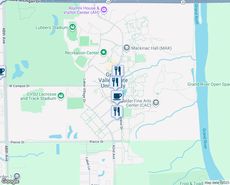 map of restaurants, bars, coffee shops, grocery stores, and more near 1 Campus Drive in Allendale