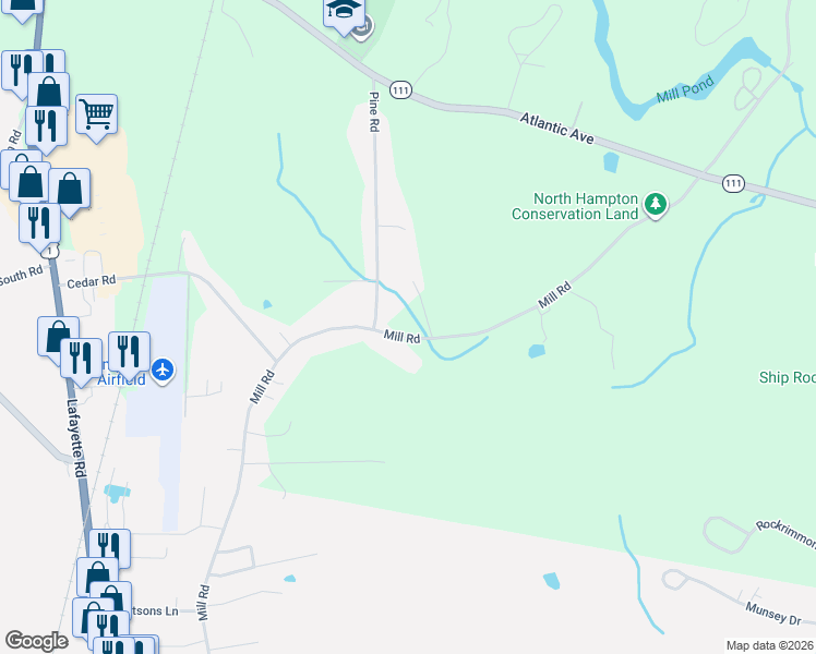 map of restaurants, bars, coffee shops, grocery stores, and more near 44 Mill Road in North Hampton