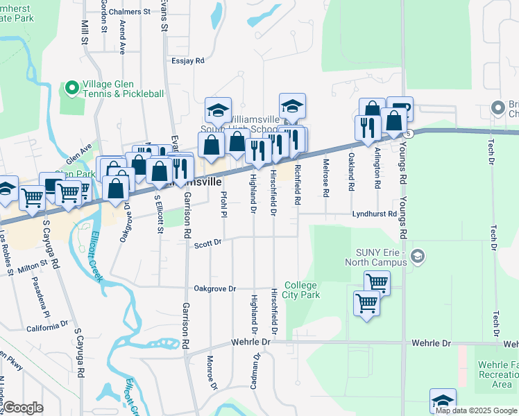 map of restaurants, bars, coffee shops, grocery stores, and more near 56 Highland Drive in Buffalo
