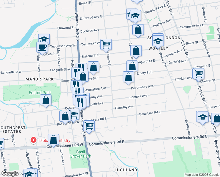 map of restaurants, bars, coffee shops, grocery stores, and more near 232 Edward Street in London