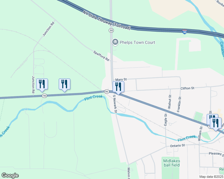 map of restaurants, bars, coffee shops, grocery stores, and more near 266 Main Street in Phelps