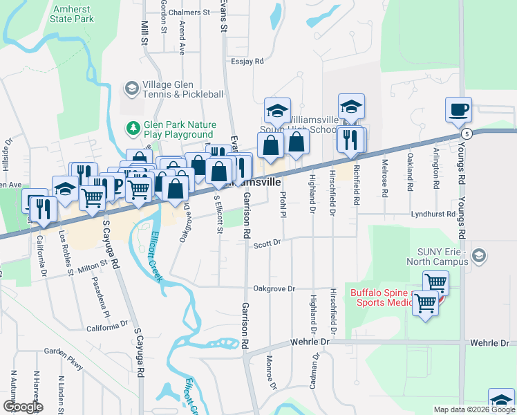 map of restaurants, bars, coffee shops, grocery stores, and more near 32 Garrison Road in Buffalo
