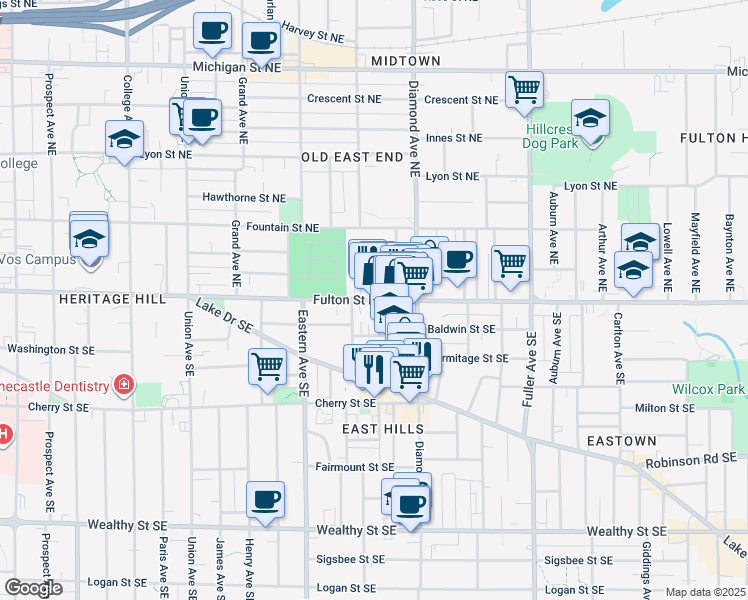 map of restaurants, bars, coffee shops, grocery stores, and more near 905 Fulton Street East in Grand Rapids