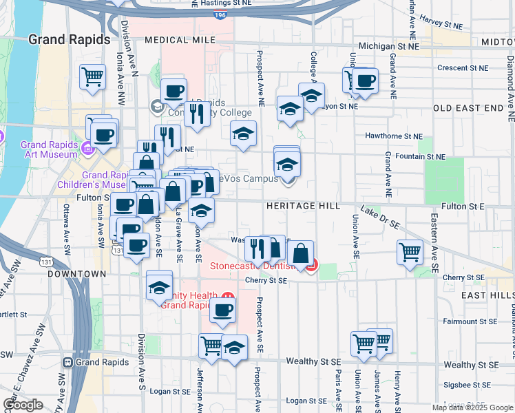 map of restaurants, bars, coffee shops, grocery stores, and more near 326 Fulton Street East in Grand Rapids