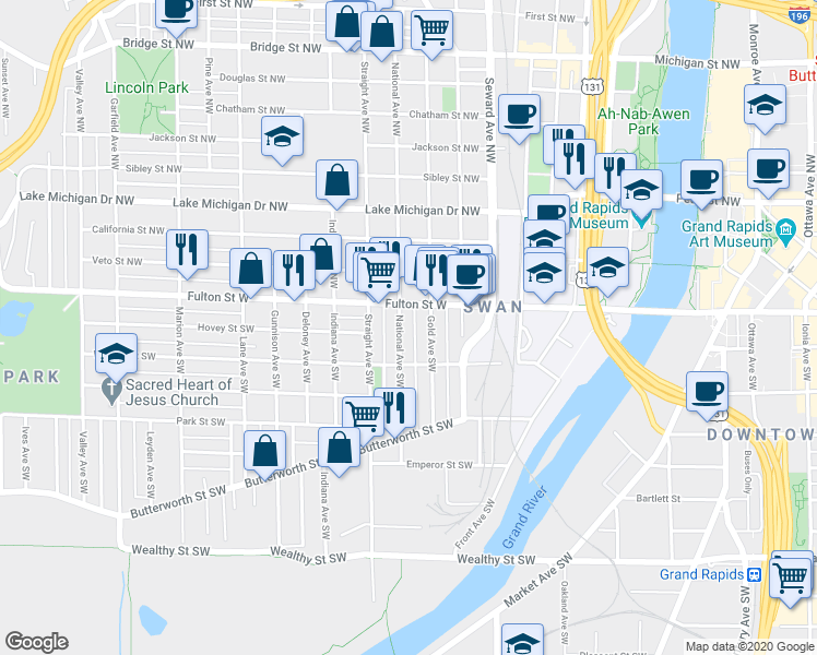 map of restaurants, bars, coffee shops, grocery stores, and more near 14 National Avenue Southwest in Grand Rapids