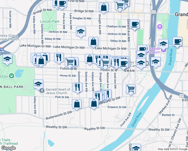 map of restaurants, bars, coffee shops, grocery stores, and more near 15 Indiana Avenue Southwest in Grand Rapids