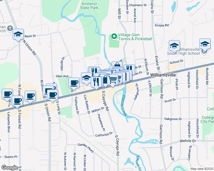map of restaurants, bars, coffee shops, grocery stores, and more near 5550 Main Street in Williamsville