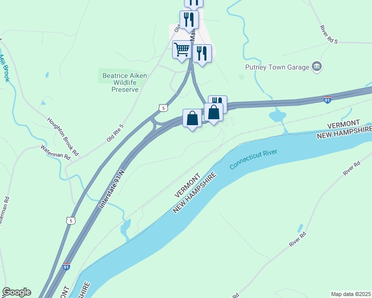 map of restaurants, bars, coffee shops, grocery stores, and more near Old Depot Road in Putney
