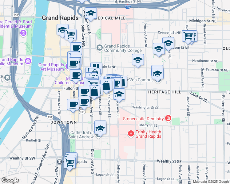 map of restaurants, bars, coffee shops, grocery stores, and more near 150 Fulton Street East in Grand Rapids