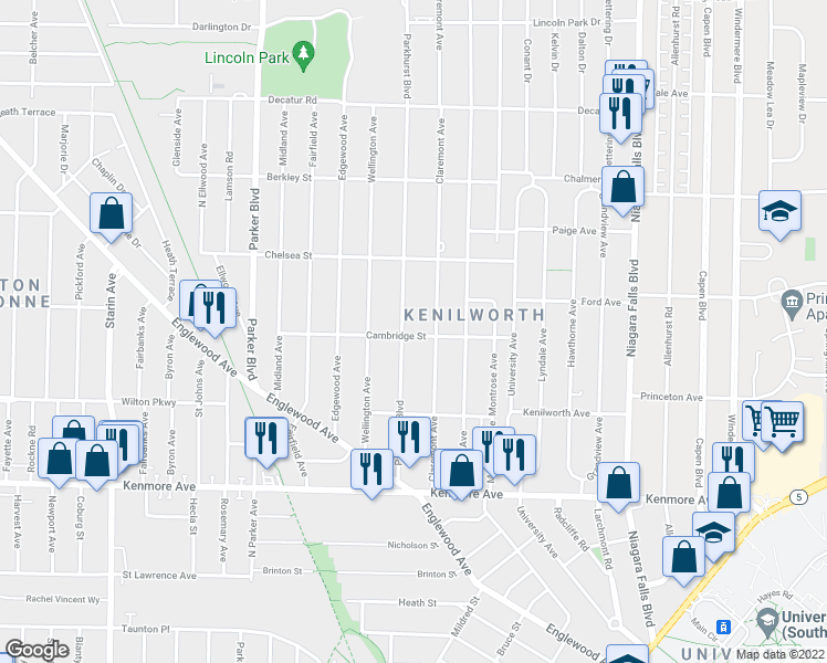 map of restaurants, bars, coffee shops, grocery stores, and more near 153 Parkhurst Boulevard in Buffalo