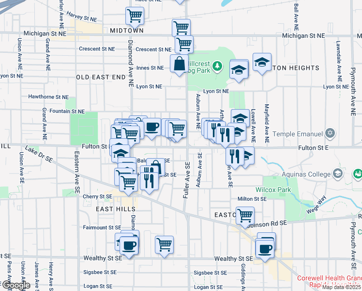 map of restaurants, bars, coffee shops, grocery stores, and more near 1147 Fulton Street East in Grand Rapids