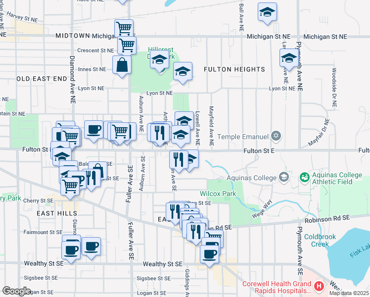 map of restaurants, bars, coffee shops, grocery stores, and more near 1435 Fulton Street East in Grand Rapids
