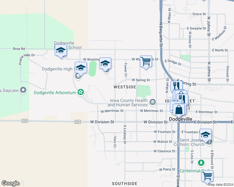 map of restaurants, bars, coffee shops, grocery stores, and more near 311 North Johnson Street in Dodgeville