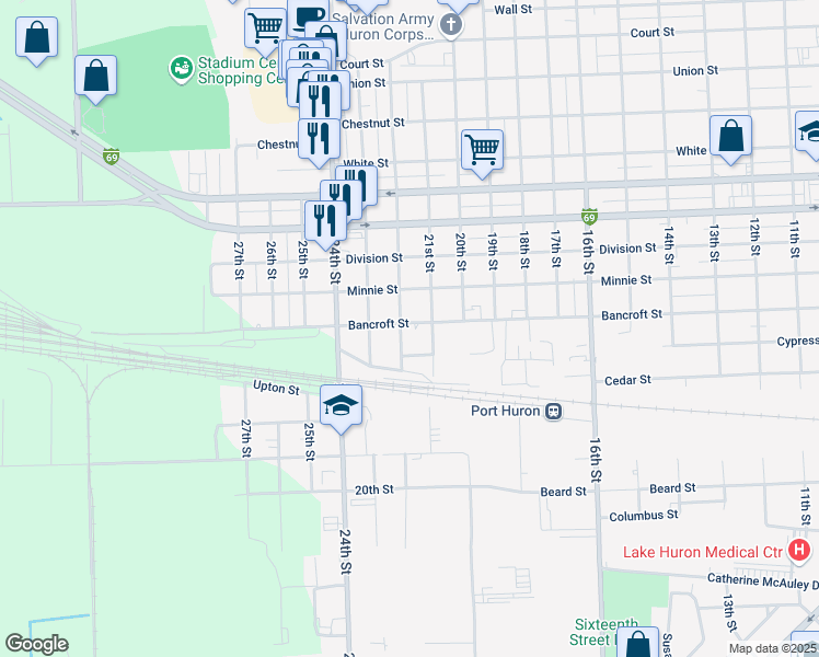 map of restaurants, bars, coffee shops, grocery stores, and more near 2121 Bancroft Street in Port Huron