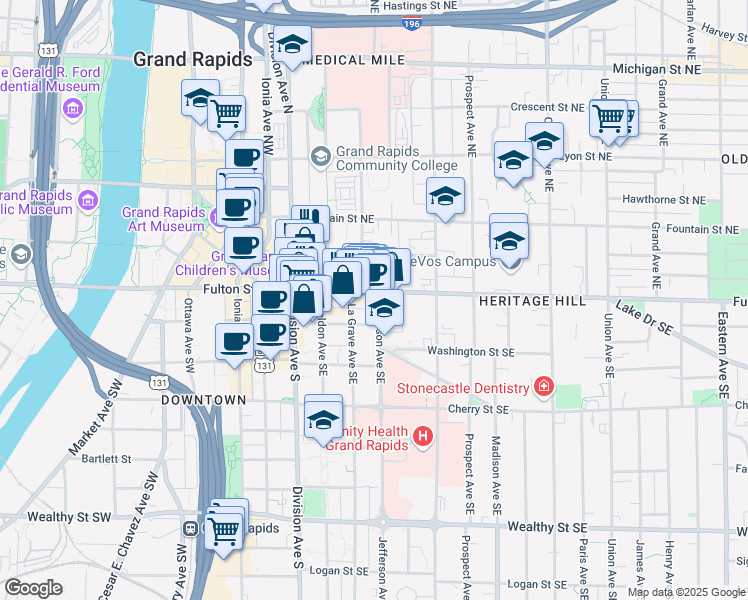 map of restaurants, bars, coffee shops, grocery stores, and more near 150 Fulton Street East in Grand Rapids