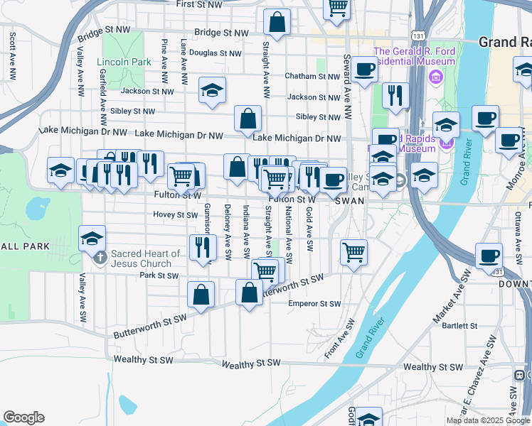map of restaurants, bars, coffee shops, grocery stores, and more near 25 Straight Avenue Southwest in Grand Rapids