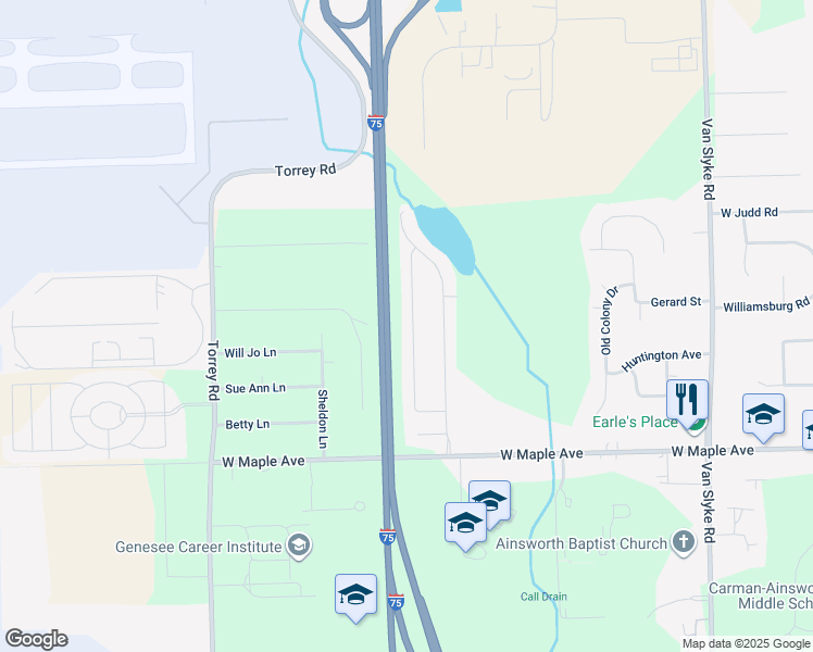 map of restaurants, bars, coffee shops, grocery stores, and more near 4456 Rainbow Lane in Flint