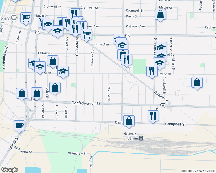 map of restaurants, bars, coffee shops, grocery stores, and more near 303 Conrad Street in Sarnia