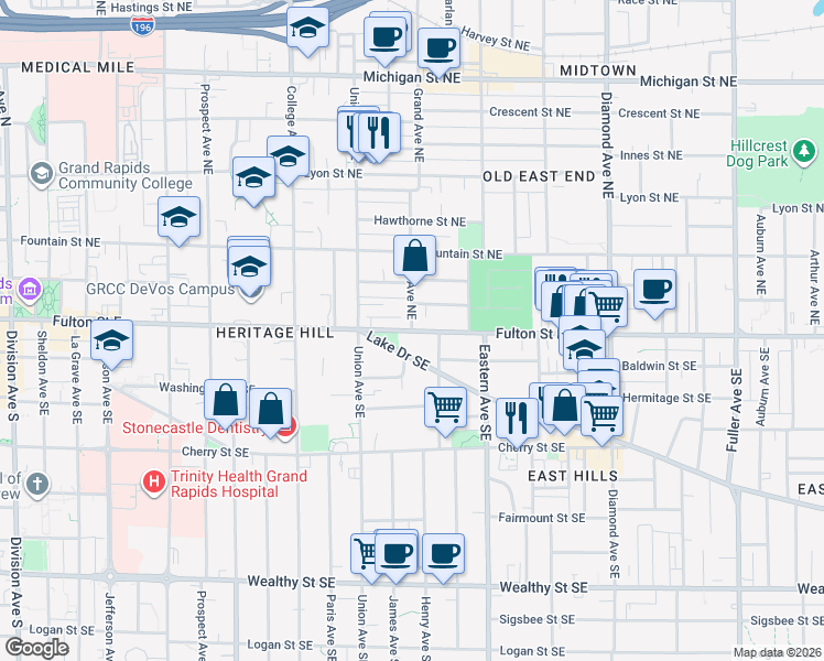 map of restaurants, bars, coffee shops, grocery stores, and more near 1 Grand Avenue Northeast in Grand Rapids