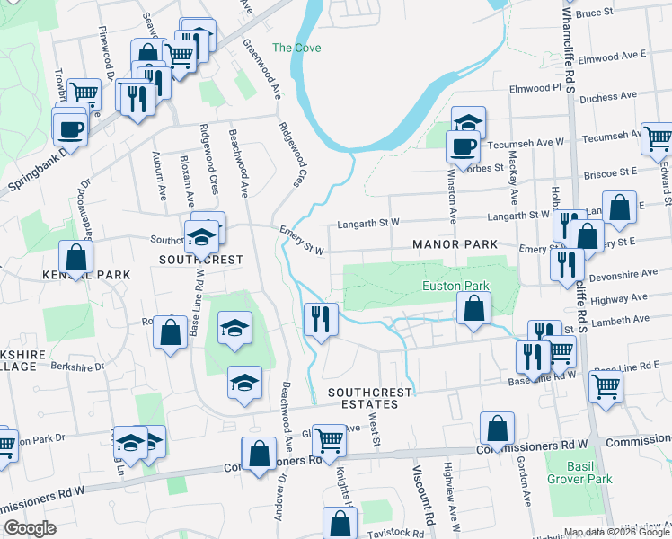 map of restaurants, bars, coffee shops, grocery stores, and more near 802 Phyllis Street in London