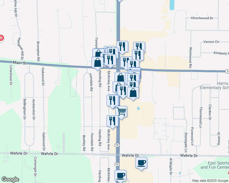 map of restaurants, bars, coffee shops, grocery stores, and more near 7170 Transit Road in Buffalo