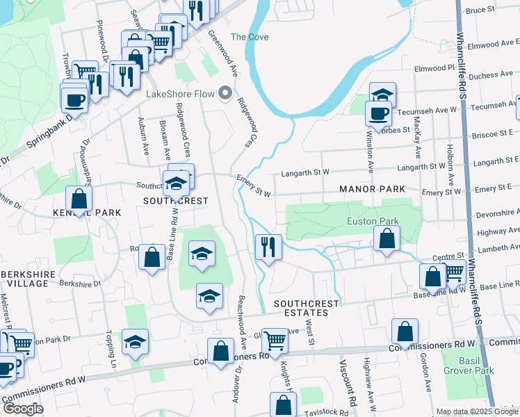 map of restaurants, bars, coffee shops, grocery stores, and more near 165-175 Emery Street West in London