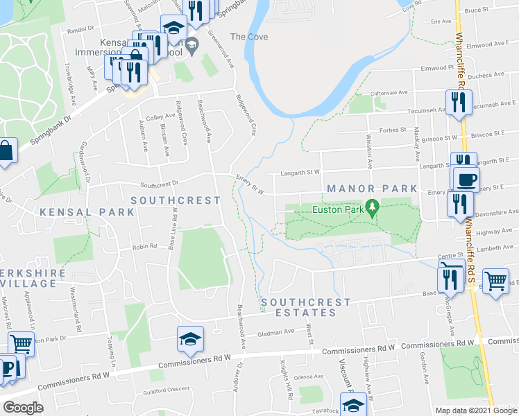 map of restaurants, bars, coffee shops, grocery stores, and more near 165-175 Emery Street West in London