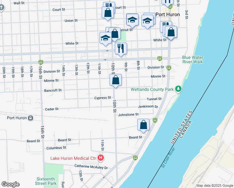 map of restaurants, bars, coffee shops, grocery stores, and more near 2015 10th Street in Port Huron