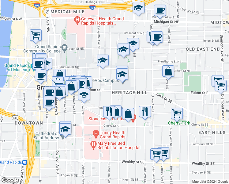 map of restaurants, bars, coffee shops, grocery stores, and more near 616 Fulton Street East in Grand Rapids