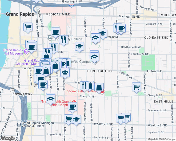 map of restaurants, bars, coffee shops, grocery stores, and more near 326 Fulton Street East in Grand Rapids
