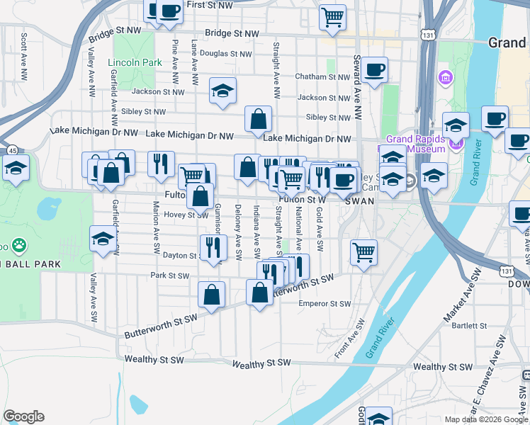 map of restaurants, bars, coffee shops, grocery stores, and more near 15 Indiana Avenue Southwest in Grand Rapids
