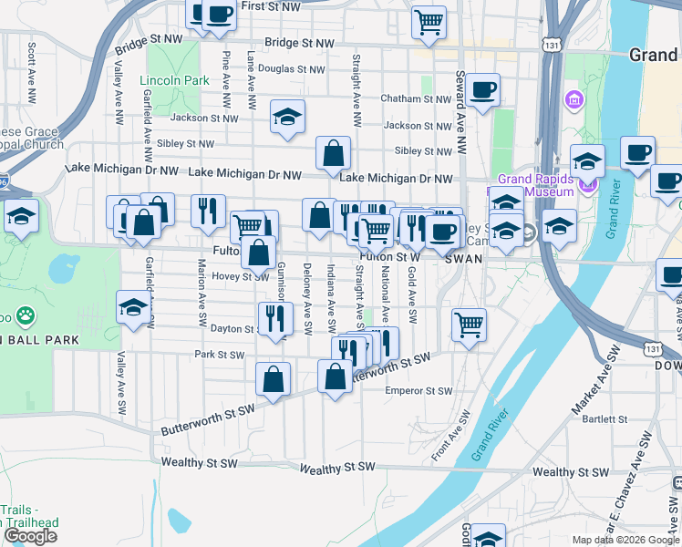 map of restaurants, bars, coffee shops, grocery stores, and more near 15 Indiana Avenue Southwest in Grand Rapids