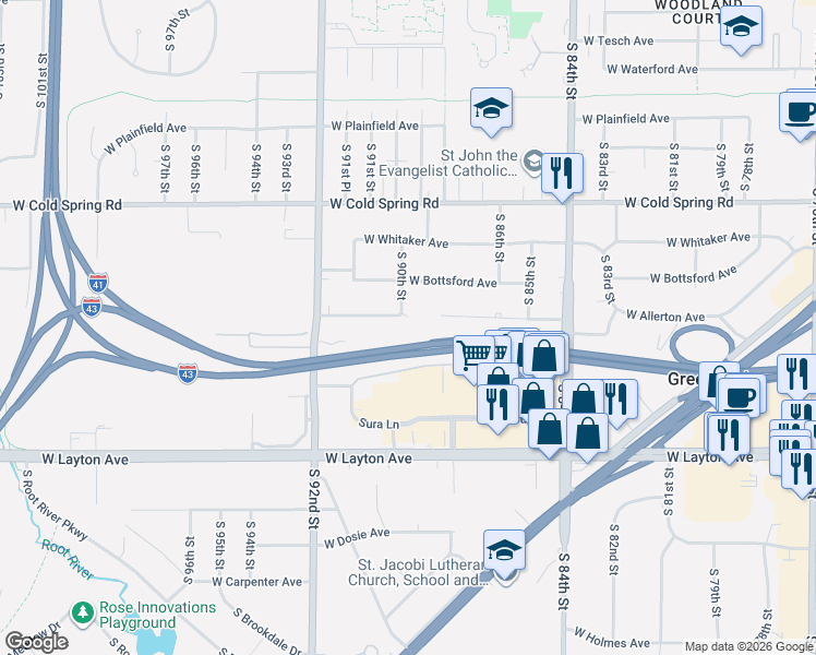 map of restaurants, bars, coffee shops, grocery stores, and more near 8985 West Allerton Avenue in Greenfield