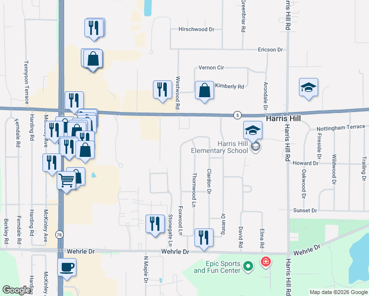 map of restaurants, bars, coffee shops, grocery stores, and more near 4240 Thornwood Lane in Buffalo