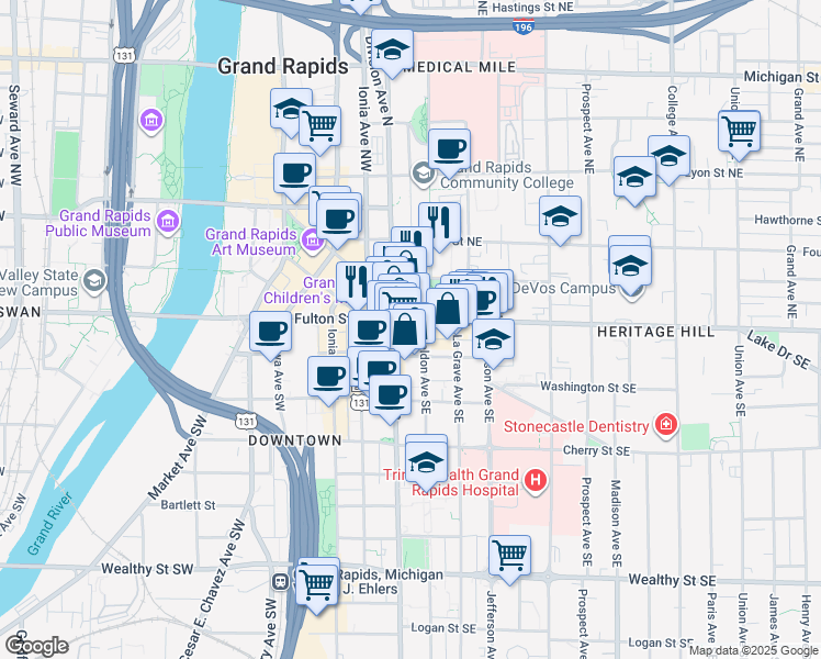 map of restaurants, bars, coffee shops, grocery stores, and more near 20 Fulton Street East in Grand Rapids