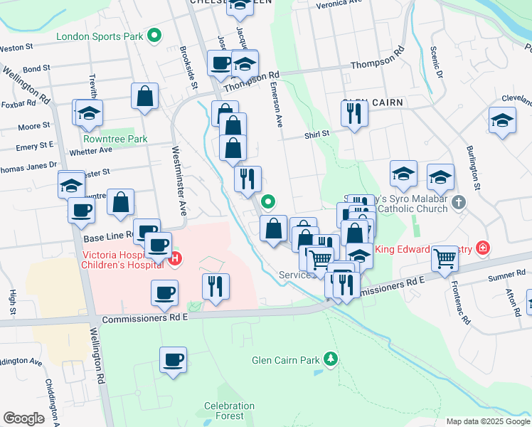 map of restaurants, bars, coffee shops, grocery stores, and more near 220 Adelaide Street South in London
