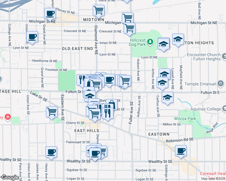 map of restaurants, bars, coffee shops, grocery stores, and more near 1055 Fulton Street East in Grand Rapids