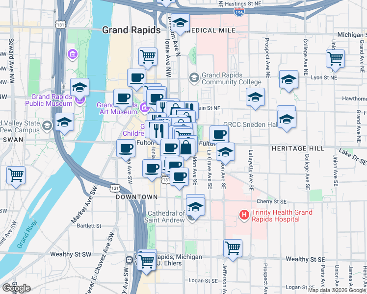 map of restaurants, bars, coffee shops, grocery stores, and more near 12 Division Avenue South in Grand Rapids