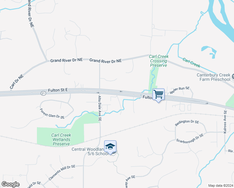 map of restaurants, bars, coffee shops, grocery stores, and more near 6060 Fulton Street East in Ada
