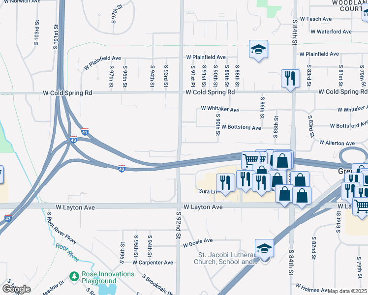 map of restaurants, bars, coffee shops, grocery stores, and more near 9181 West Allerton Avenue in Greenfield