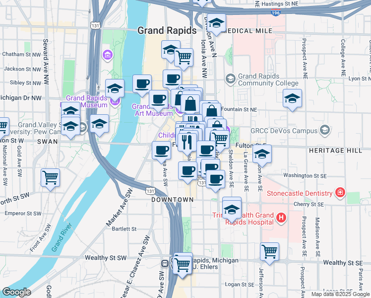 map of restaurants, bars, coffee shops, grocery stores, and more near 11 Ionia Avenue Southwest in Grand Rapids