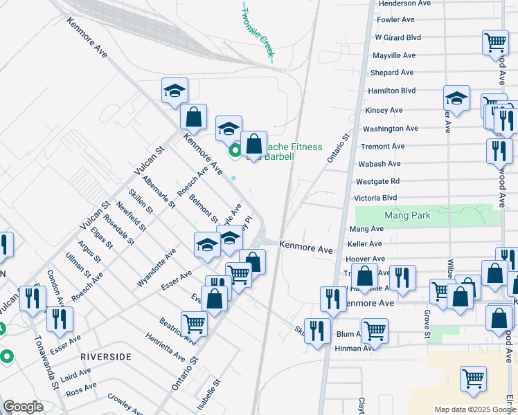 map of restaurants, bars, coffee shops, grocery stores, and more near 7 Kenmore Avenue in Buffalo
