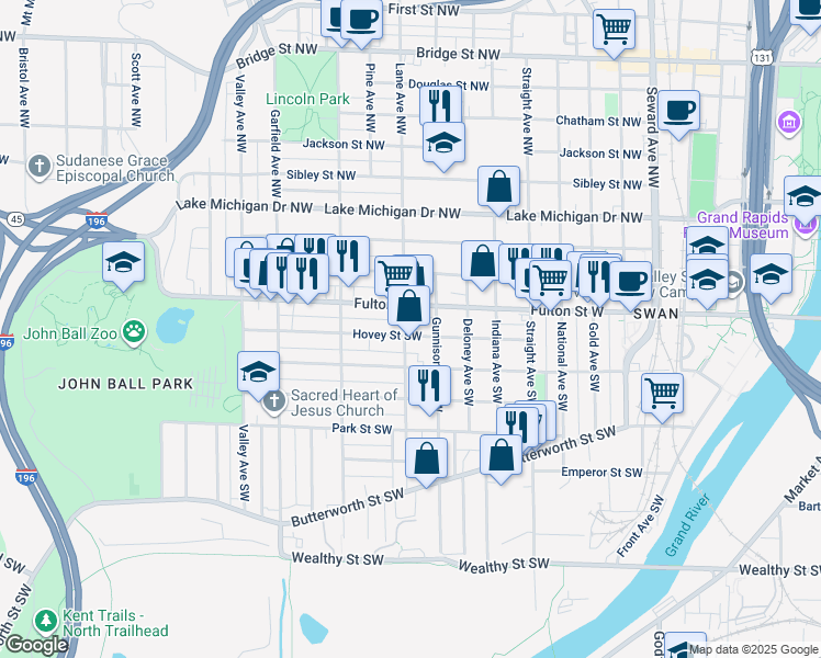 map of restaurants, bars, coffee shops, grocery stores, and more near 22 Lane Avenue Southwest in Grand Rapids