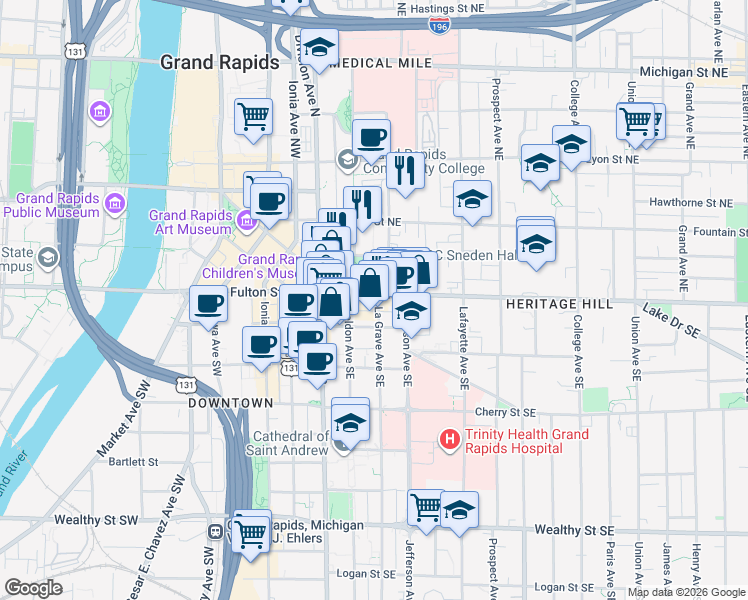 map of restaurants, bars, coffee shops, grocery stores, and more near 124 Fulton Street East in Grand Rapids