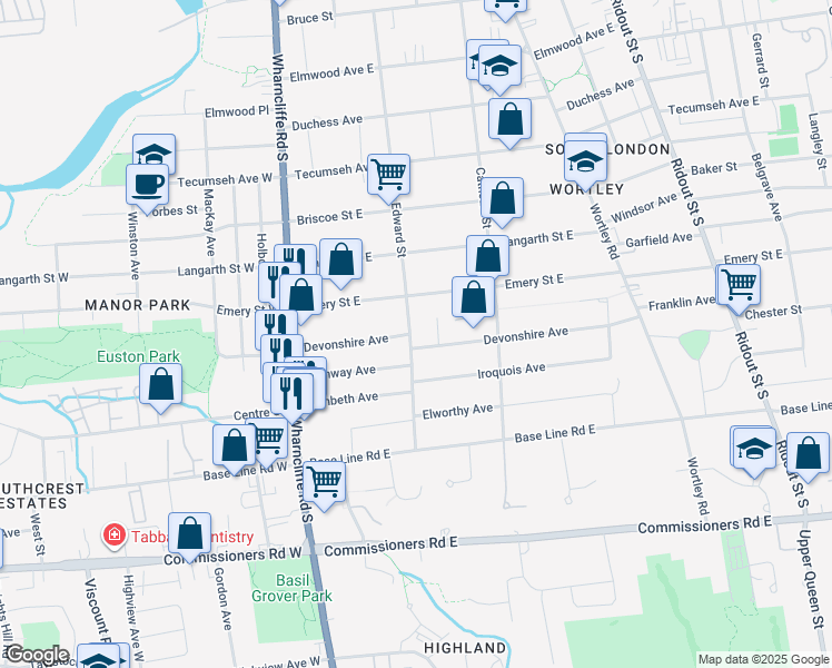 map of restaurants, bars, coffee shops, grocery stores, and more near 232 Edward Street in London