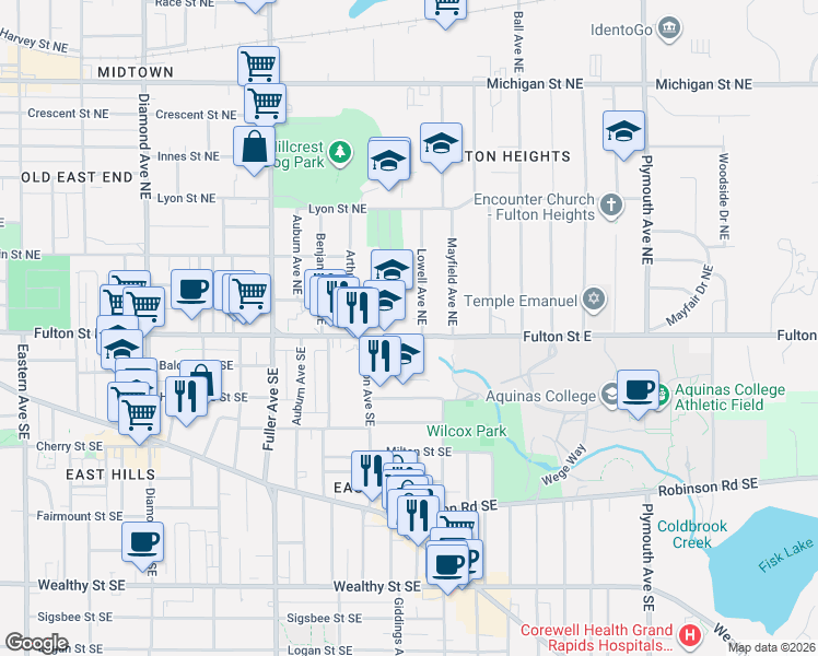 map of restaurants, bars, coffee shops, grocery stores, and more near 1443 Fulton Street East in Grand Rapids
